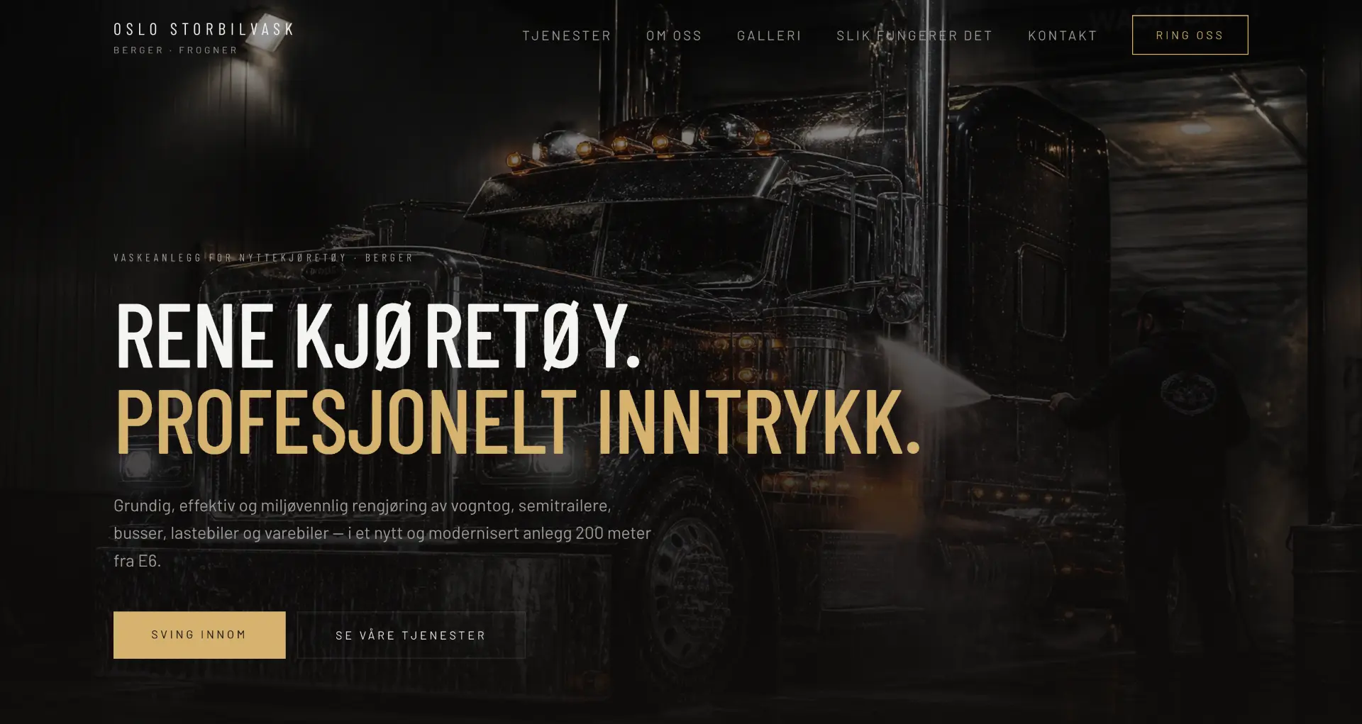 Hero section of the Oslo Storbilvask website showing a truck being washed