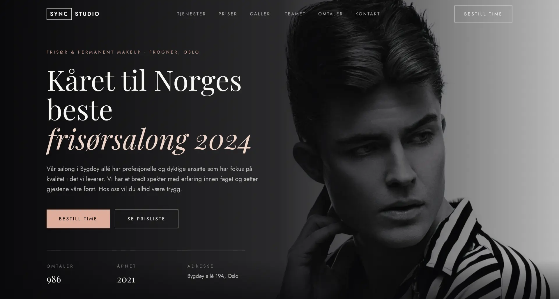 Hero section of the Sync Studio hair salon website